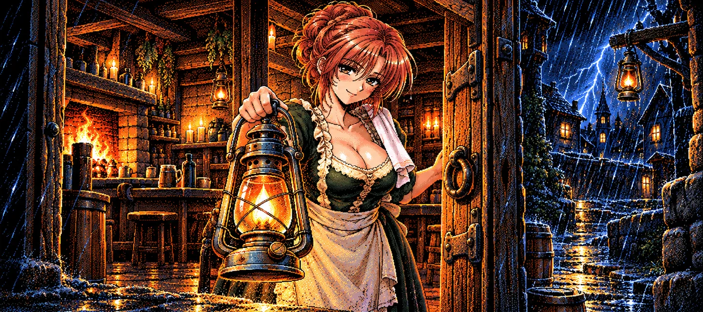 the innkeeper holds the door open with a lantern while the storm rages outside
